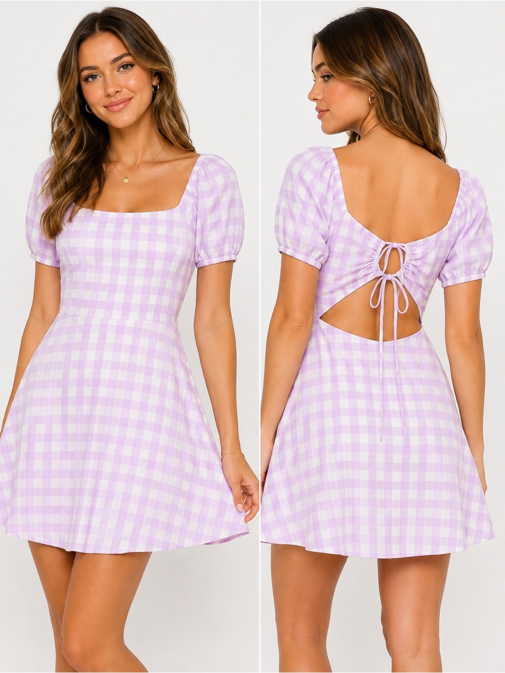 Gilli Lavender Gingham Dress Medium Cottagecore Puff Sleeve Open Back Mini